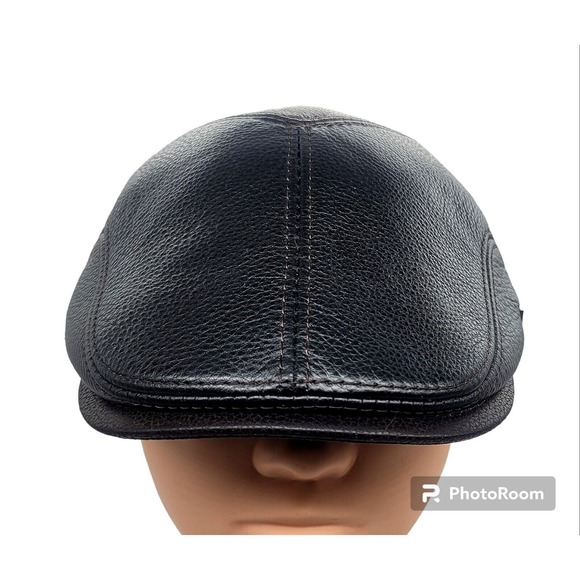 Vintage LETHNIK Black Leather Gatsby Newsboy Cabby Motorcycle Biker Cap Hat VCG - Picture 1 of 10